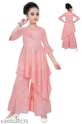 Georgette A-line girls Kurta with palazzos, solid pattern, 3-4 years, Indian ethnic set